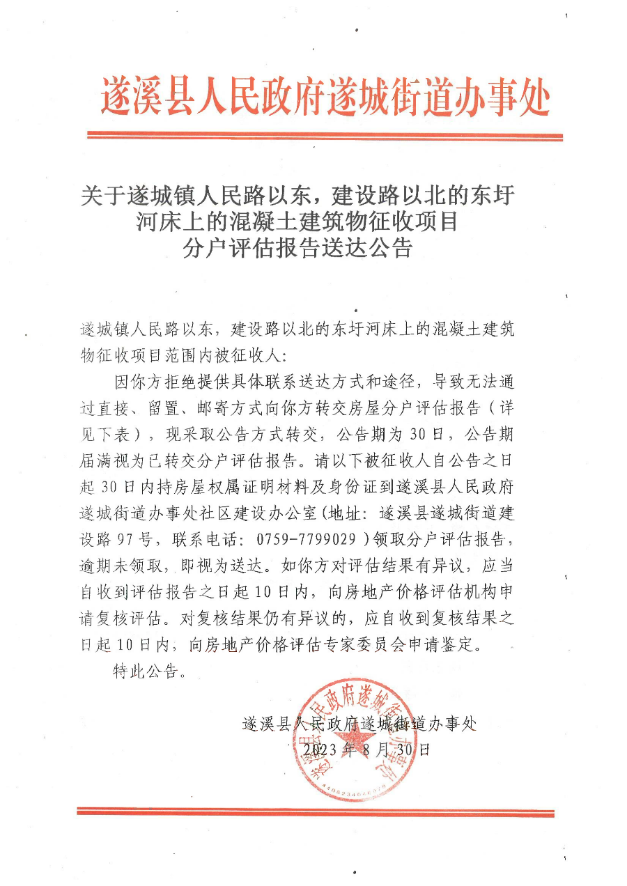 关于遂城镇人民路以东，建设路以北的东圩河床上的混凝土建筑物征收项目分户评估报告送达公告.bmp