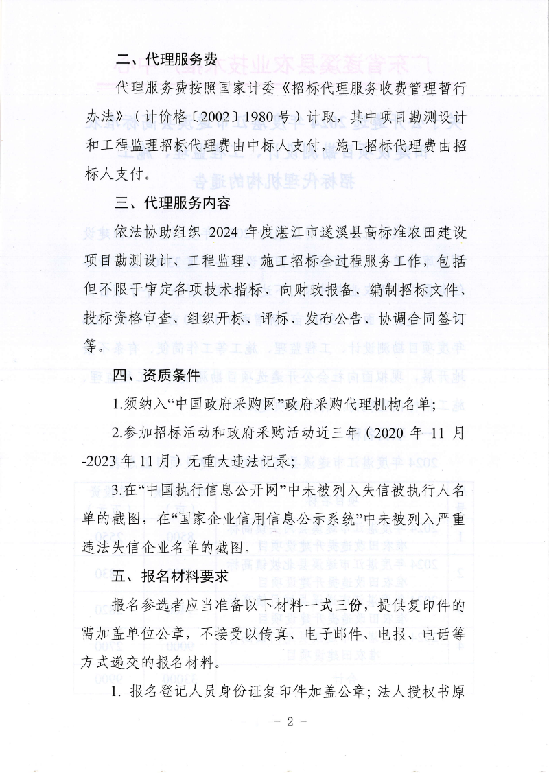 关于公开遴选2024年度湛江市遂溪县高标准农田建设项目勘测设计、工程监理、施工招标代理机构的通告_01.png